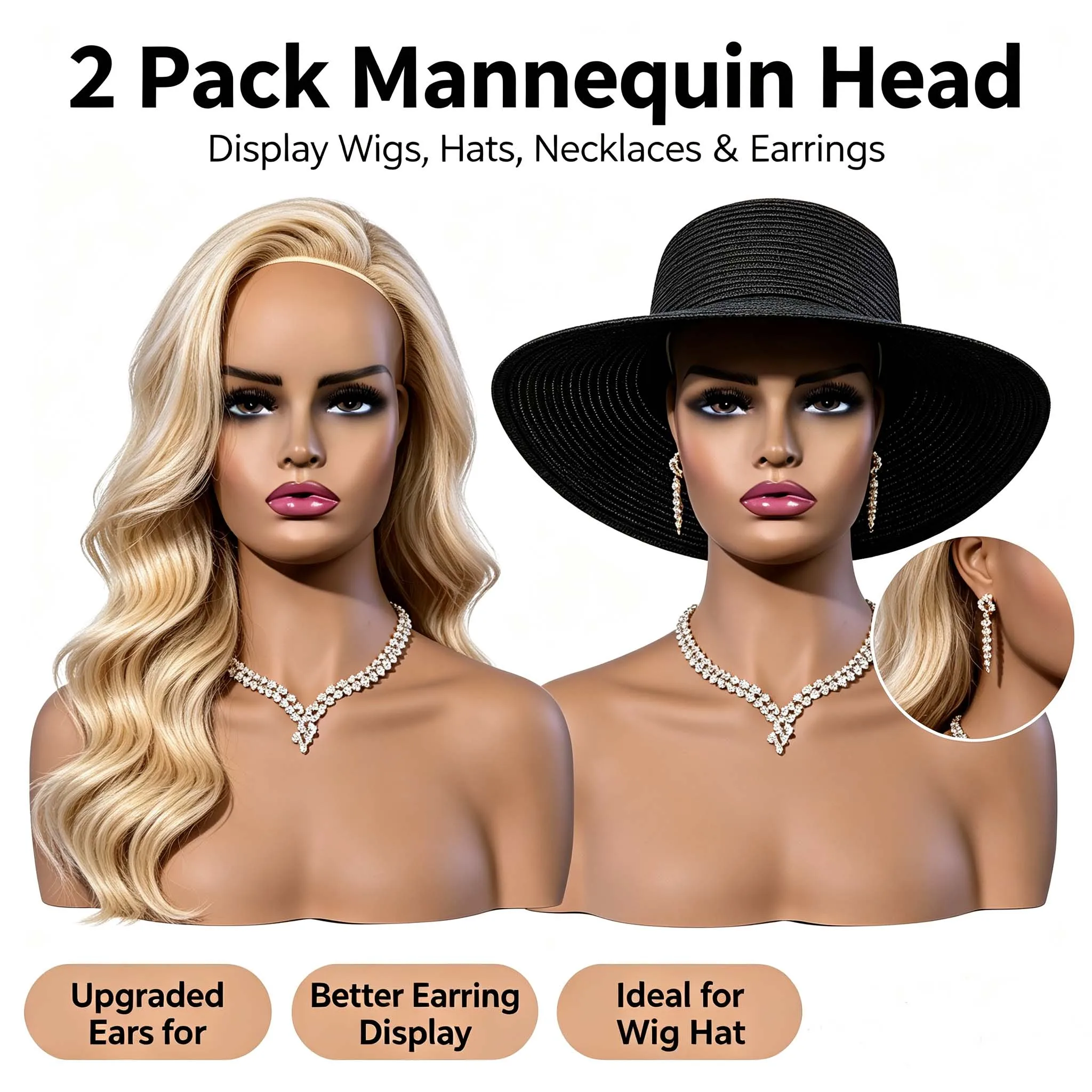 2PC USA Warehouse Free Shipping Women Mannequin Bust Mannequin Head Shoulders Model for Wig Hat Necklace Earring Jewelry Salon Display Holder