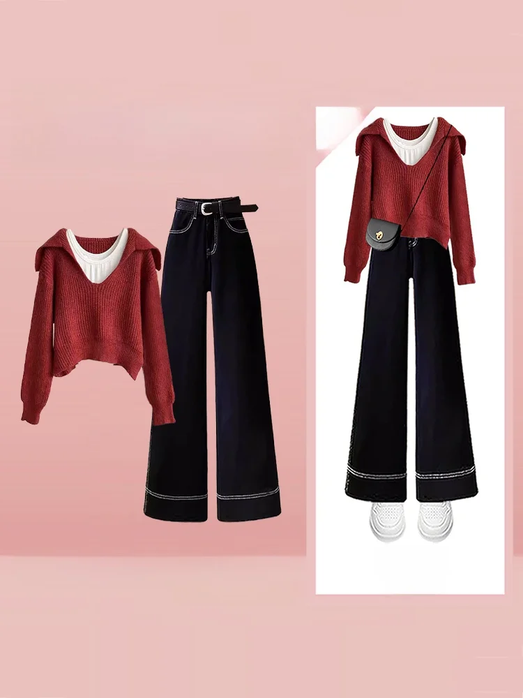 

Winter Faion Navy Collar Sweater And Jeans High Waist Straight Leg Pants Tee Piece Set Women's Korean Lazy Sle Outfit