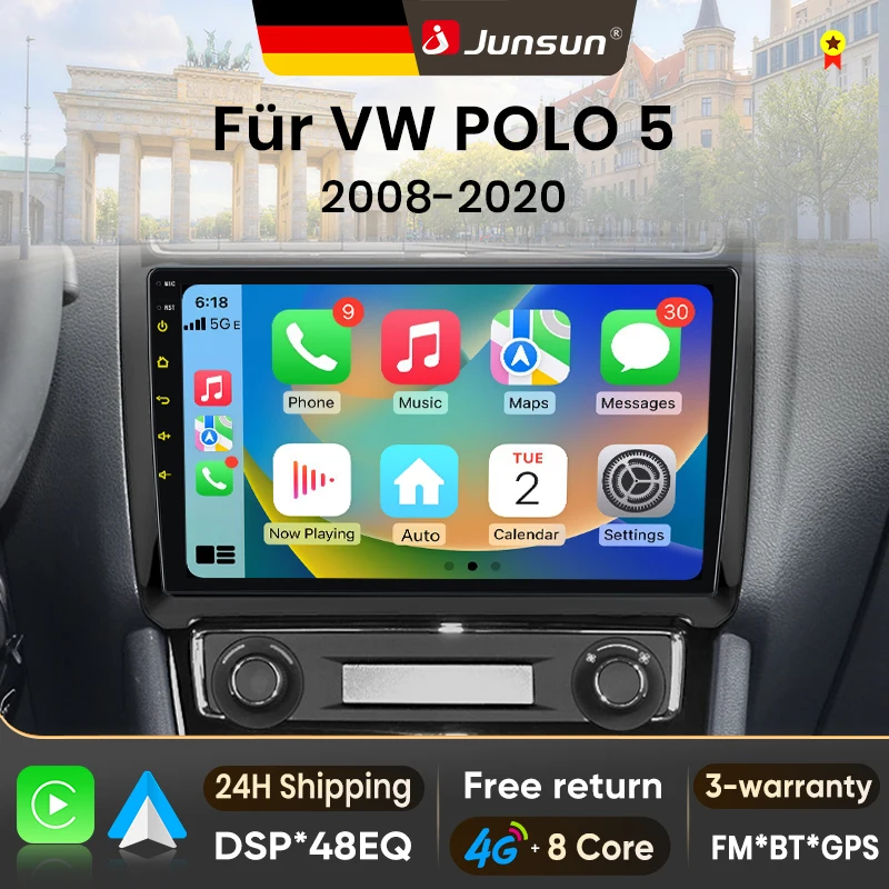 Autoradio Android 15 9 pouces Junsun pour VW Volkswagen POLO 5 2008-2020, sans fil, compatible Apple CarPlay, écran tactile IPS, lecteur multimédia vidéo, système intelligent automobile, autoradio 2 Din, GPS, navigation, BT, 4G, WIFI, FM, AM, DSP, RDS, SWC, DAB