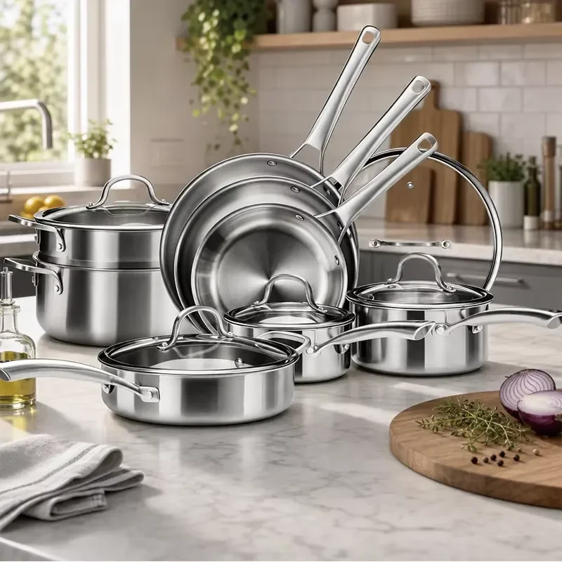 Cooking Pot Set Kitchenware Pots and Pans Non-coated Kitchen Cookware Set with Gift Box Stainless Steel 13pcs Cookware Pots