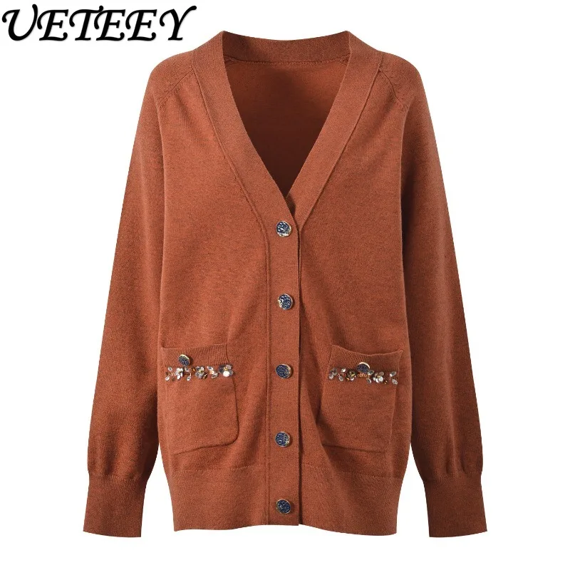 

Spring Autumn New Handmade Beaded Flower Decoration Loose Sweater Coat Fashion Versatile V-neck Long Sleeve Knitted Cardigan
