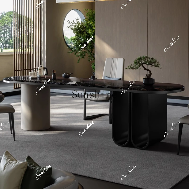 Light luxury high-end home walnut luxury stone office new Chinese living room solid wood tea table and chair combination  FT