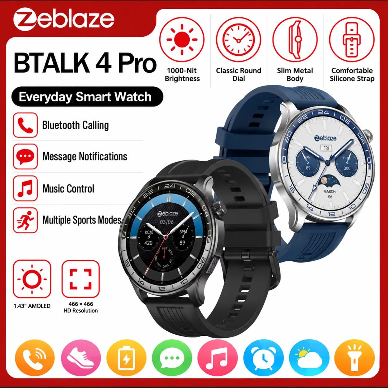 Montre connectée Zeblaze BTALK 4 Pro, écran AMOLED 1,43' toujours allumé, appels Bluetooth, autonomie de 21 jours, étanche IP68, plus de 300 cadrans, suivi d'activité physique, notifications intelligentes, réveil, contrôle de la musique, modes sportifs multiples, montre connectée pour hommes et femmes, compatible Android et iOS.