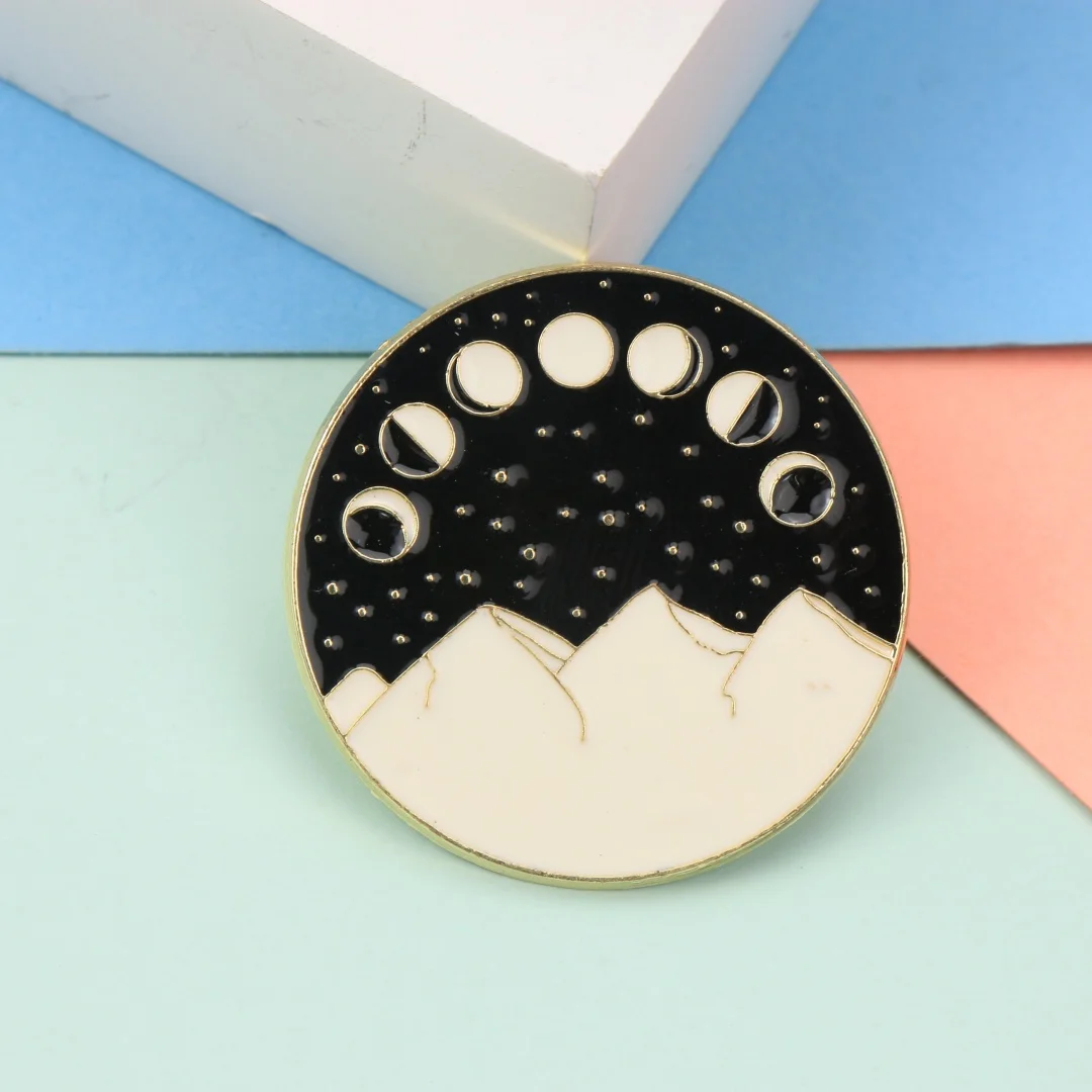 Vintage Lunar Phase Mountain Range Enamel Pin Star Dark Sky Lapel Pin Trendy Minimal WitchyOutdoorClothing Accessory Decor Badge