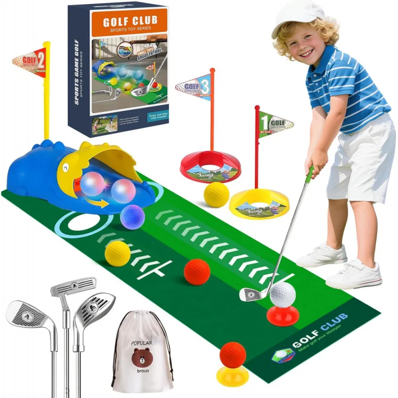Mini Golf Game,Kids Golf Set with Automatic Ball Returner,Luminous Golf Balls and Putting Mat for Indoor Outdoor Sports Toys