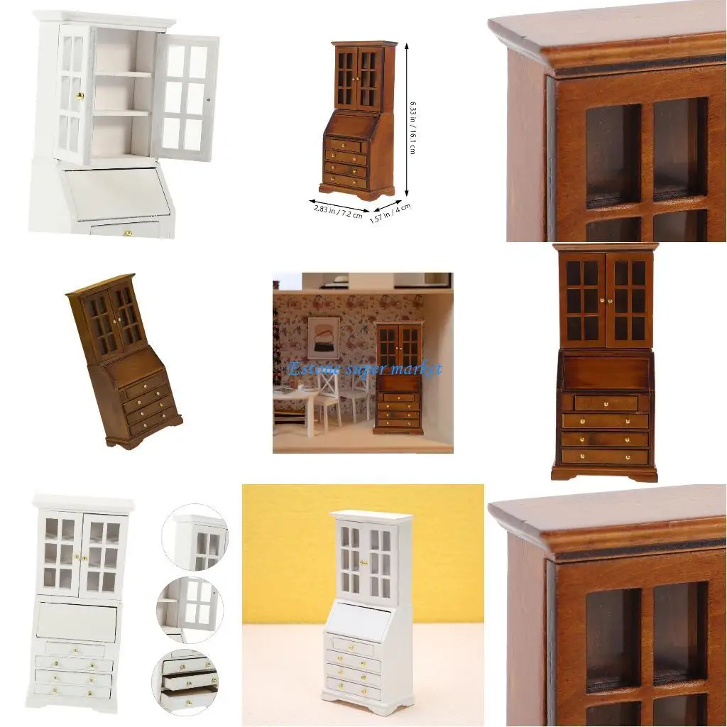 

090b 1/12 Миниатюрная книжная полка с открытыми дверными и функциональными ящиками для библиотеки.