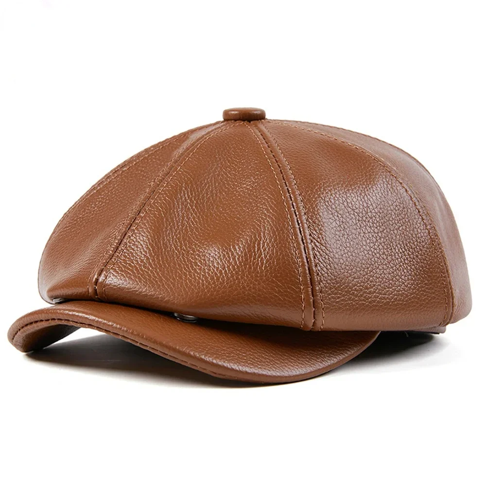 NEWSBOY Cap Genuine Leather Hats for Men High Quality Octagonal Cap Autumn Winter Real Cowskin Warm Men Beret Big Size Flat Caps