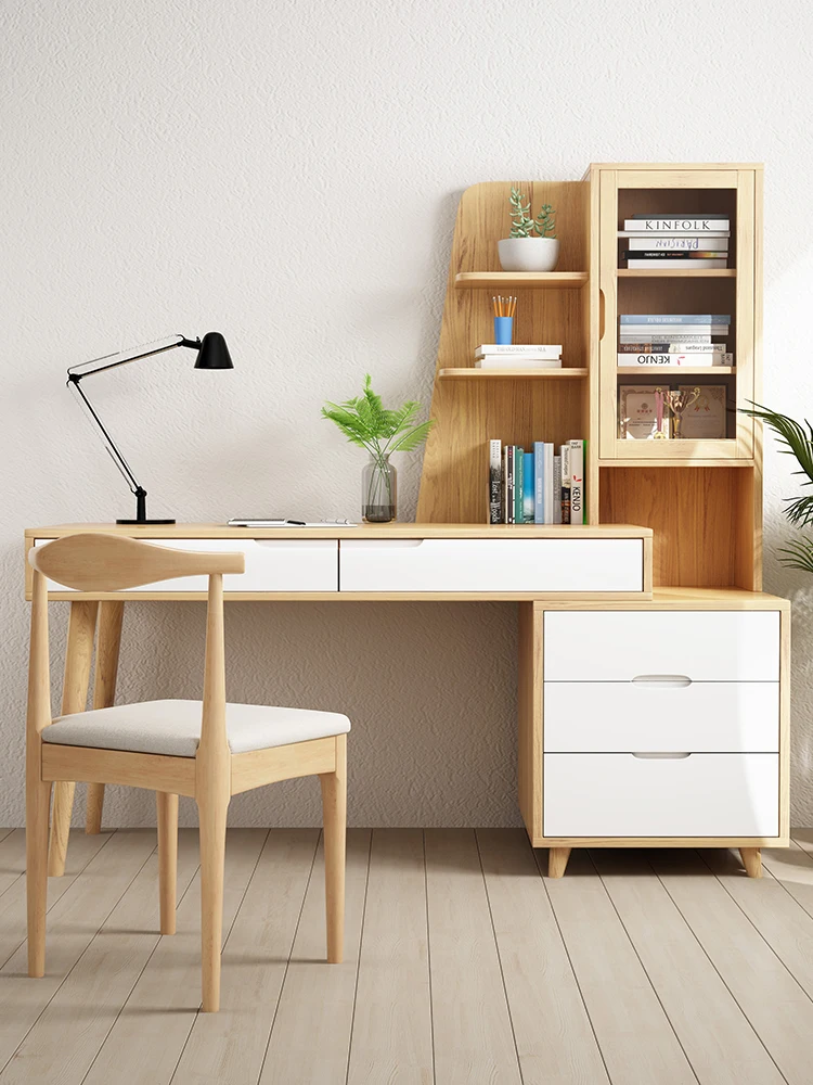 Solid Wood Desk and Bookshelf Combinação, adequado para pequenos alunos do agregado familiar, computador em casa, Nordic Escrita Desk, Estudo Minimalista