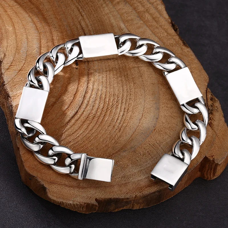 Mens S925 Sterling Silver Bracelet Vintage Crack Texture Inlaid Cuban Chain Bracelet Heavy Duty Silver Wrist Jewelry