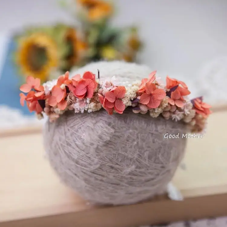 Tocado de fotografía para recién nacido, diadema de material de flores inmortales, accesorios para el cabello, luna llena, estudio para bebés de 100 días y un año