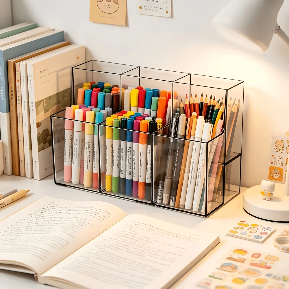 Desktop Storage with Multi-Compartment for Home Office, Desk -  Pen Holder, Marker & Pencil, Brush Rack, Stationery Storage