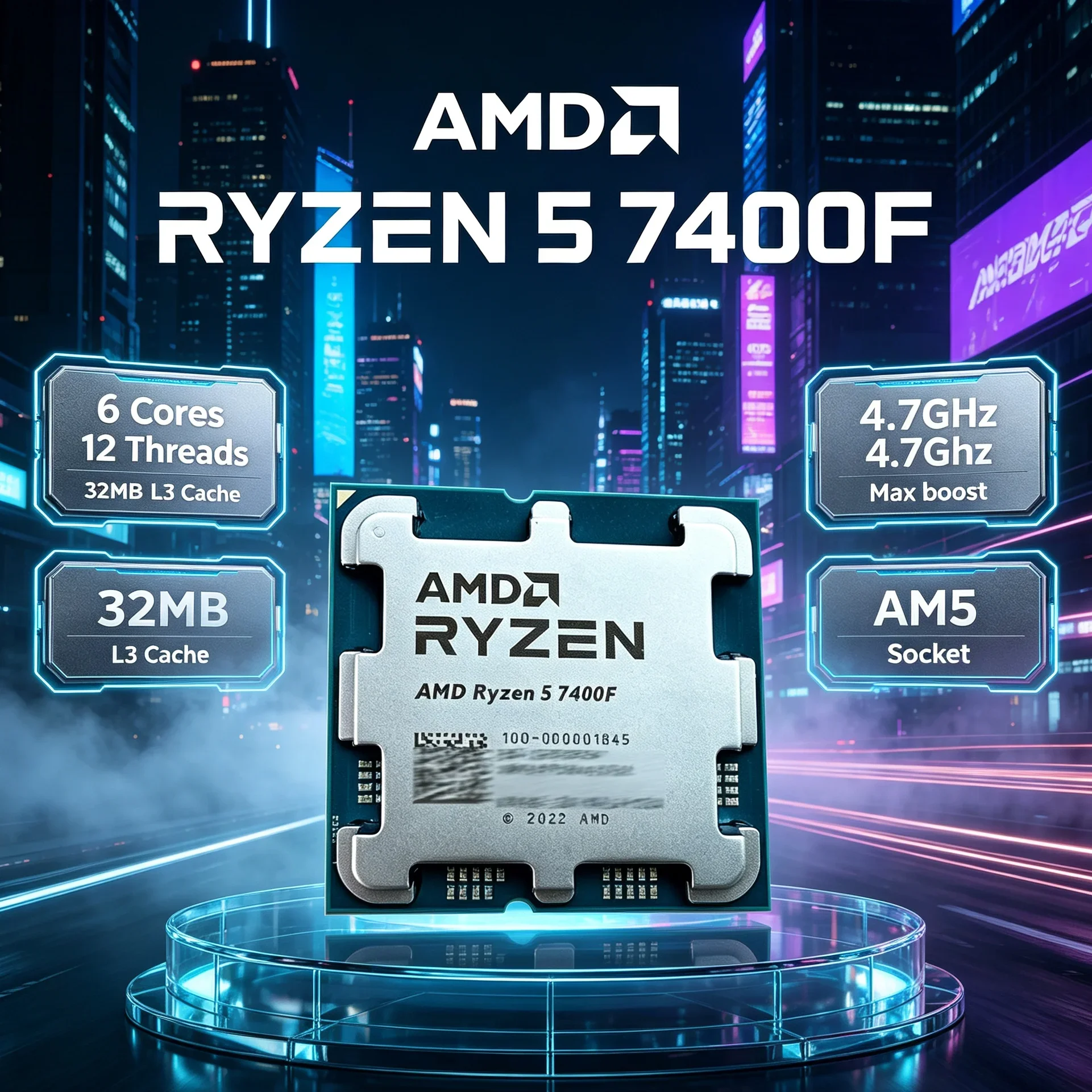 Ryzen 5 7400F AM5 Desktop CPU for Home Office Build 6C/12T 3.7GHz 4.7GHz 32MB L3 Cache 65W Low Power No Integrated Graphics