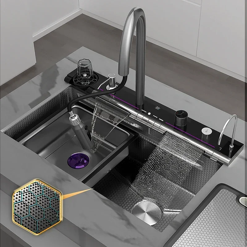 Stainless Steel Waterfall Kitchen Sink Embossed Single Slot Digital Wash Basin Apartments Apartment Washing Tank