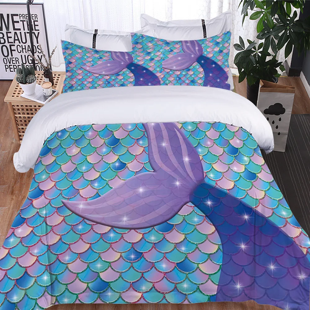 

Mermaid Fish Scale Duvet Cover Color Pattern with Fish Scale Skirt Printed Bedding Three-piece Suit Microfiber Quilt Cover