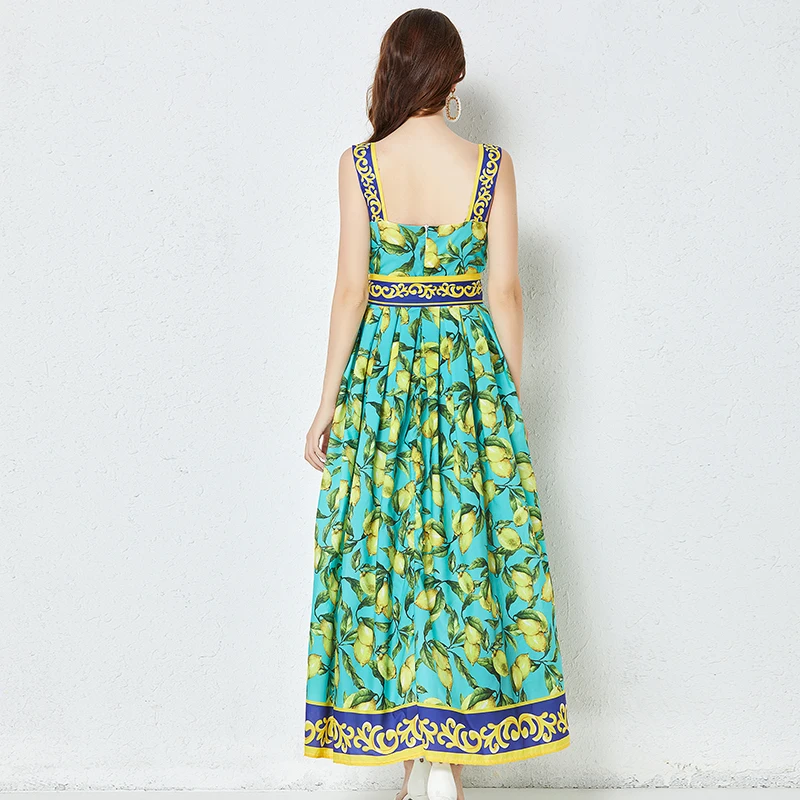 Women\'s Runway Sleeveless Maxi Dress Summer Bohemia Lemon Print Belted Elegant Vacation Long Spaghetti Strap Tank Dress