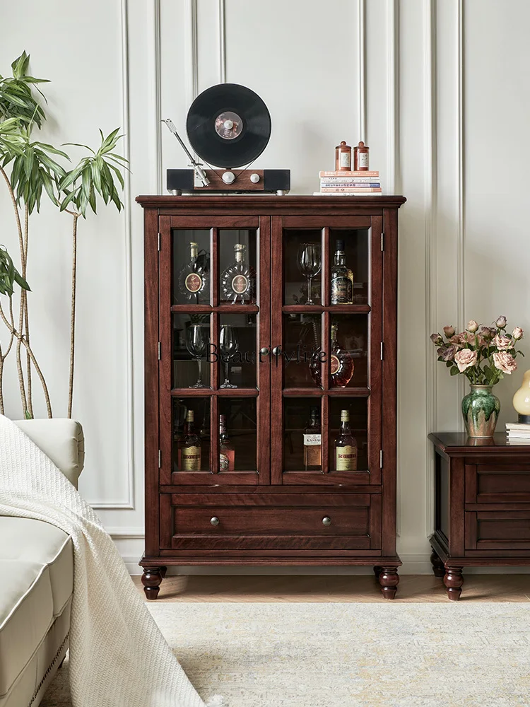 American-Style Solid Wood Wall Living Room Cherrywood Small Wine Cabinet Retro Display Cabinet with Glass Door