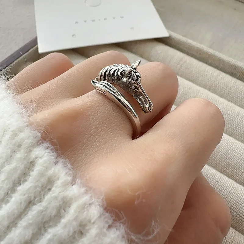 

PANJBJ 925 Sterling Silver Horse Open Ring Ring for Women Irregular Animal Punk Wealth Vintage Jewelry Party Gift Dropshipping