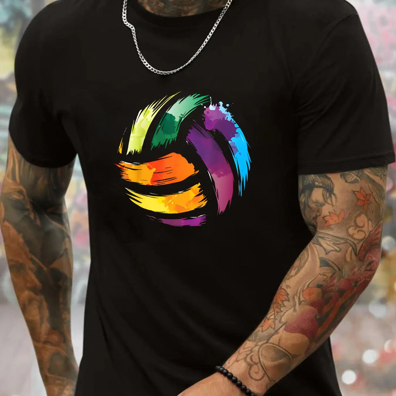 Men's Geometric Volleyball Print Crew Neck T-Shirt Breathable Tee with Colorful Design Regular Fit Casual Short Sleeve Top