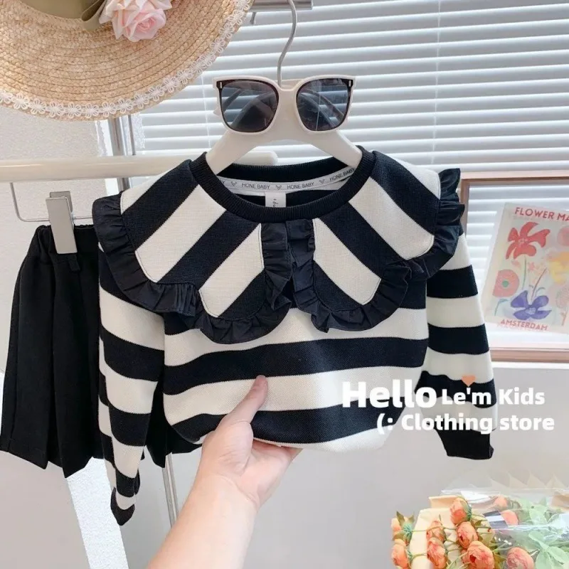 Bär Führer Mädchen Set Herbst Neue Schwarz und Weiß Gestreiften Revers Langarm Top + Falten Rock Zwei-stück elegante Kinder Set