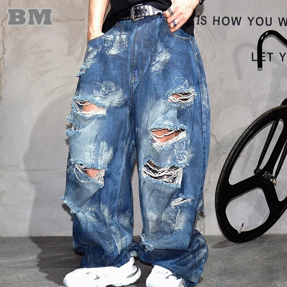

Hip Hop Baggy Jeans Men Distressed Ripped Denim Pants Korean Streetwear Oversized Stacked Vintage Wash Trousers Man Clothes