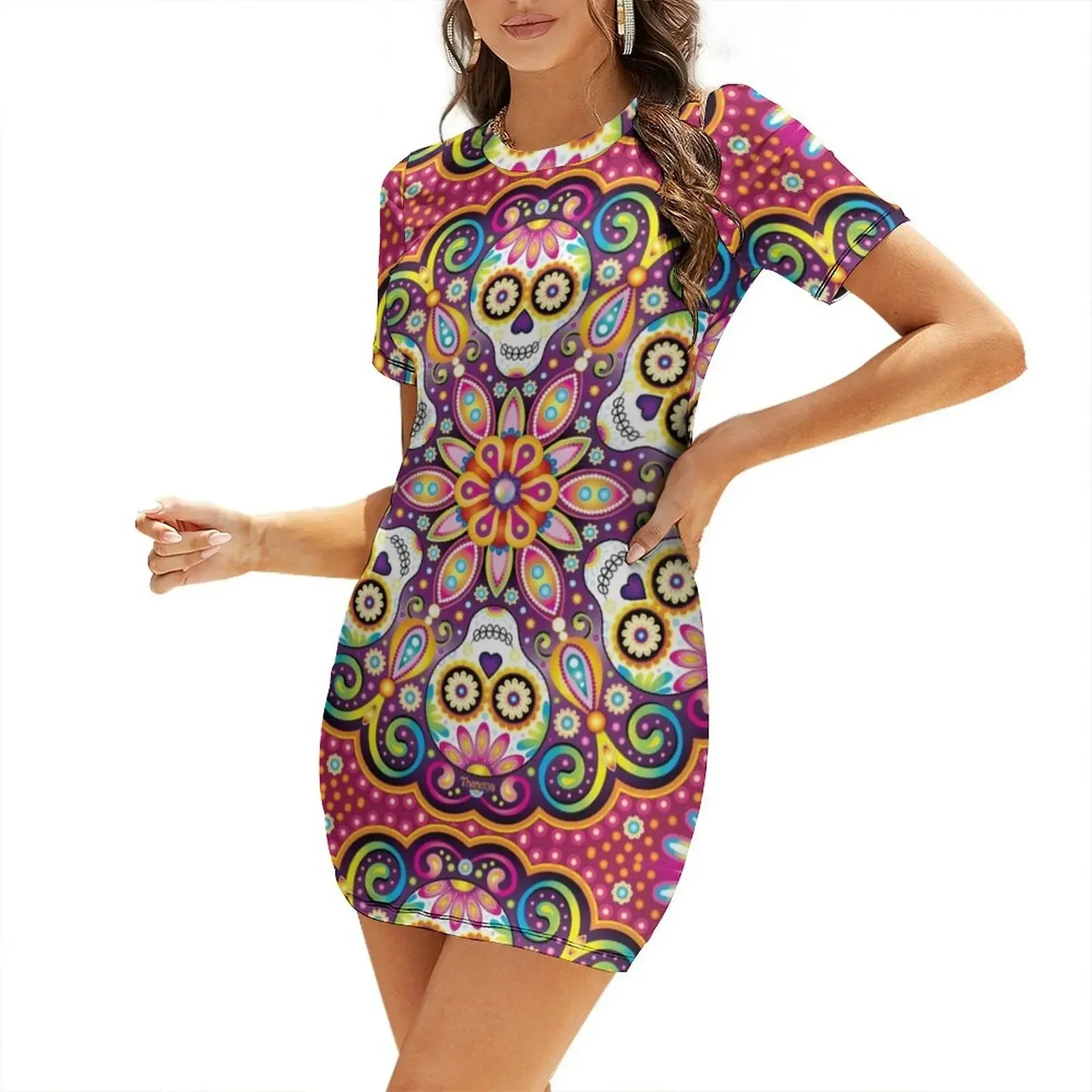 

Sugar Skull Mandala - Day of the Dead Mandala Art by Thaneeya McArdle Short-Sleeved Dress women evening dress