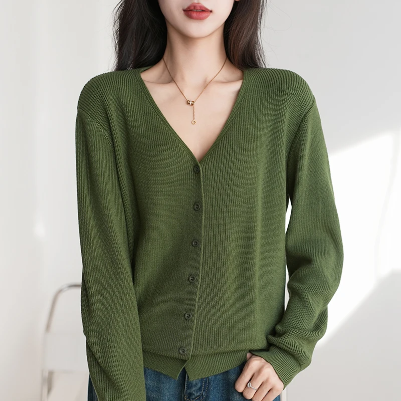 Damesbovenkleding Lente en herfst 100% puur katoen Gebreide trui V-hals Lange mouwen Losse tops Modieus Koreaans jasje