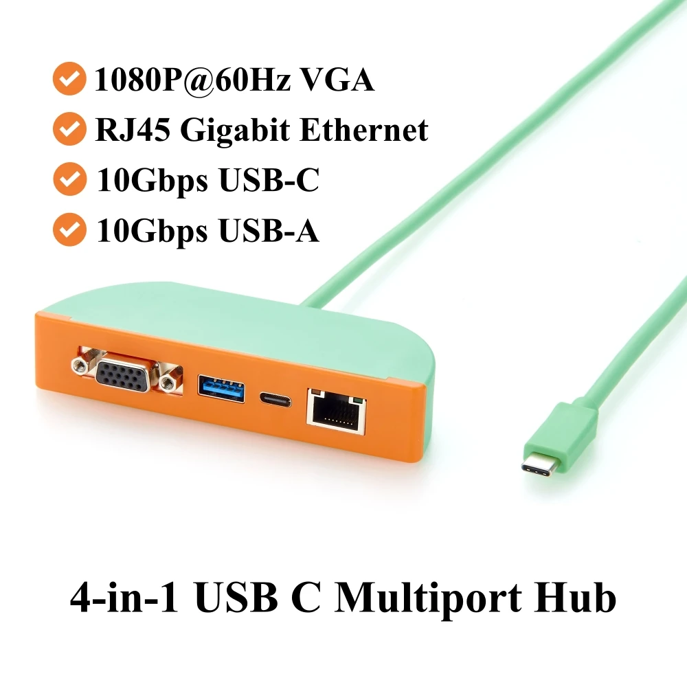 4-in-1 USB C Hub Multiport Adapter, 1080P VGA, RJ45 Gigabit Ethernet, USB 3.2 Gen 2 10Gbps USB-C & USB-A Data Ports, for macOS