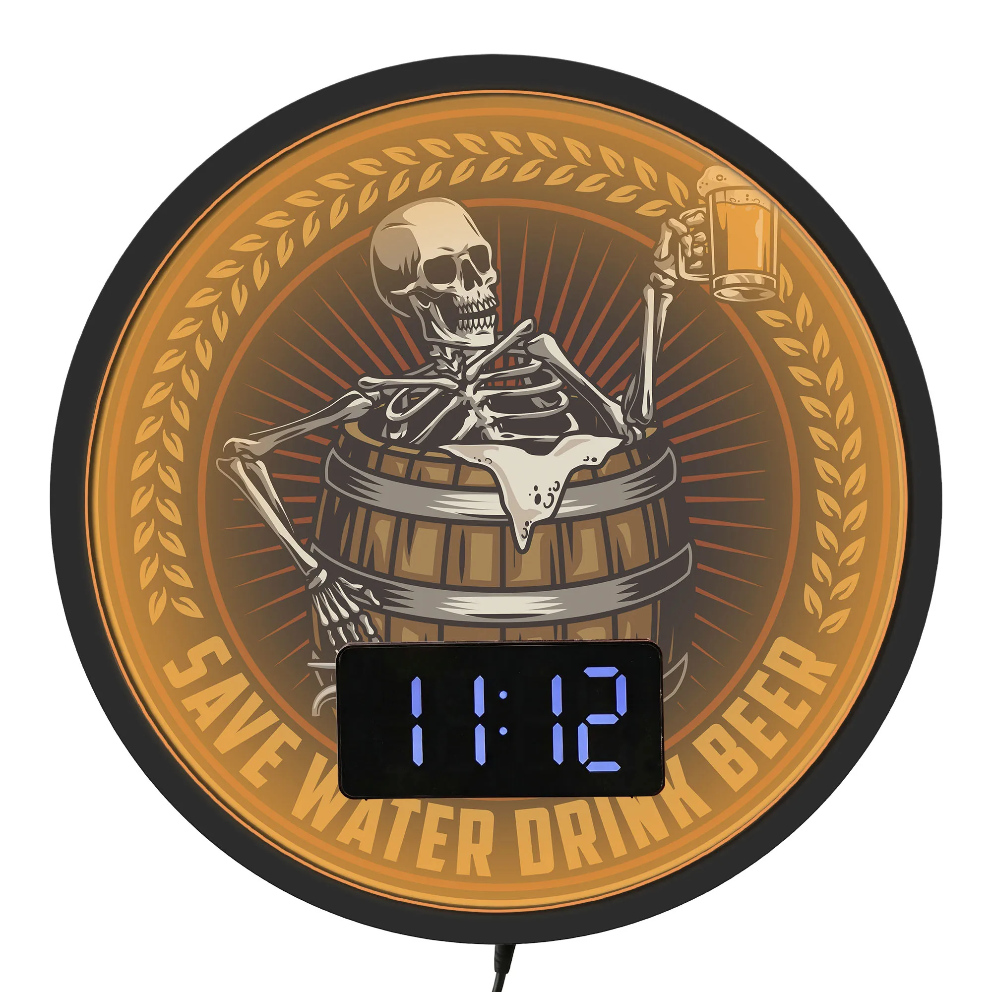 Skeleton Beer Bar Digital Wall Clock with Temperature Calendar Date Horror Skull Save Water Drink Beer LED Rim Light Wall Clock
