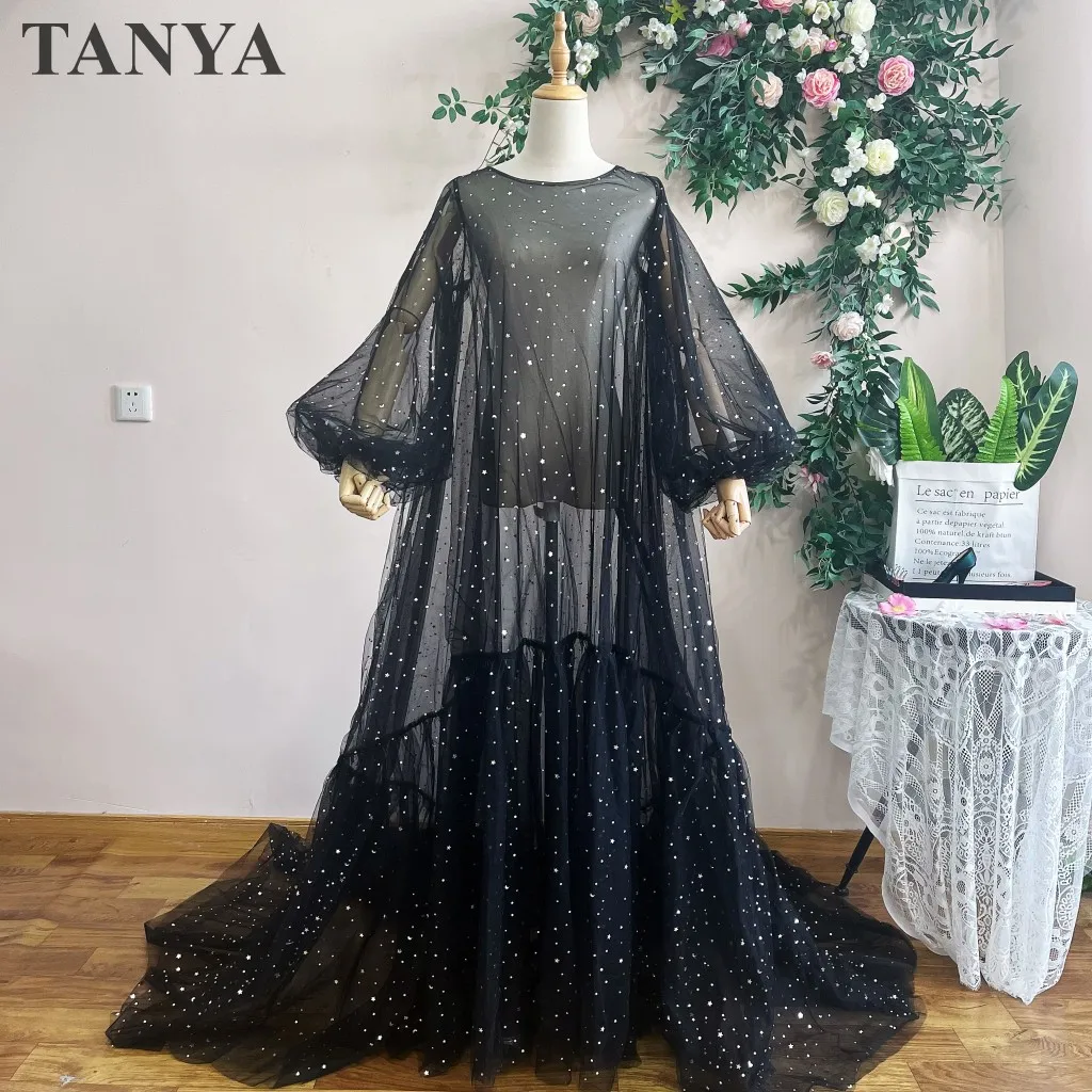 Black Little Star Cape Bling Bling Sequins Tulle Wedding Party Outfit Full Flare Sleeves Lace Up Back Women Prom Jacket Shawl