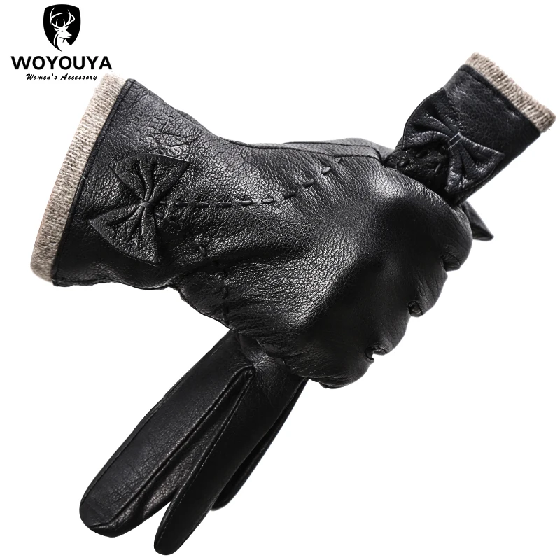 Fashion knitted women's leather gloves,deerskin pattern sheepskin women's gloves,Keep warm women's winter gloves-8030