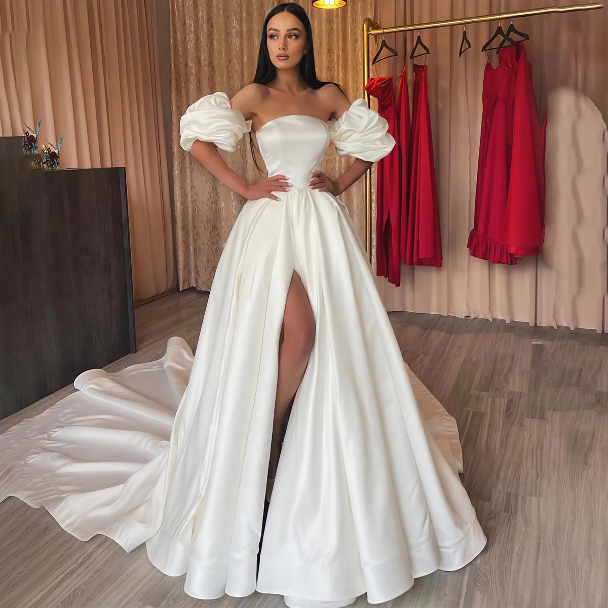 

Beach Vestidos Novia Puffy Sleeve Strapless Wedding Dress With Slit Long Satin Ball Gown A Line Bridal Party Gown For Bride