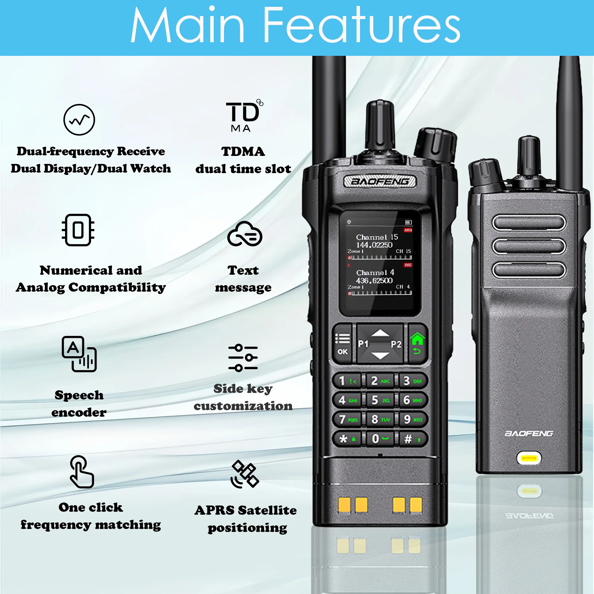 Baofeng DM32 DMR Ham Radio 10W Talkie-walkie longue portée |   VHF/UHF double bande |   GPS et USB-C rechargeables |   Radio bidirectionnelle pour Outdo