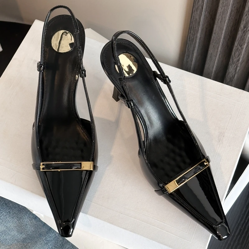 

New Style High-heeled Sandals with Metal Buckle, Pointed Toe, Patent Leather, Open Back, Low-cut, Closed-toe Design.