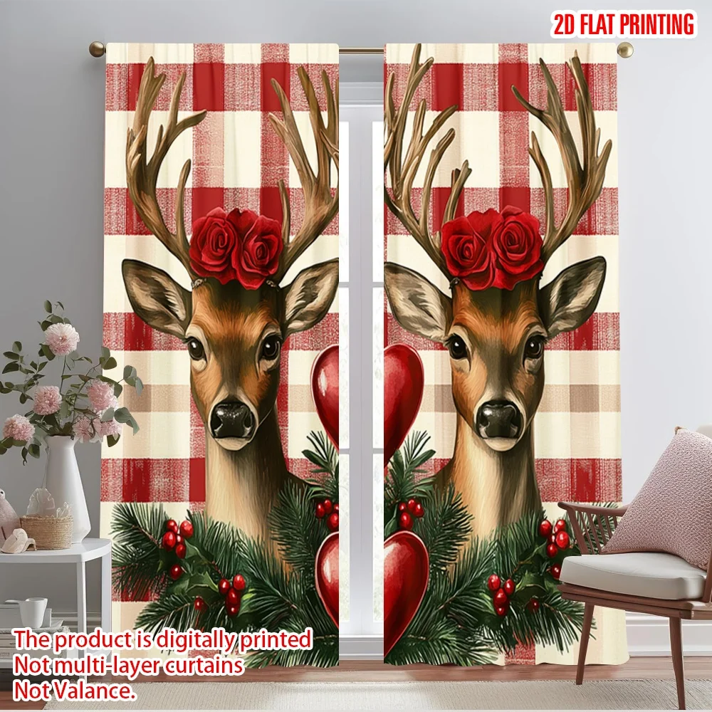 2pcs,2D plane printing Curtains Roller Blinds Deer with Pine and Roses (3) Polyester Easy Install (without rod) Versatile All