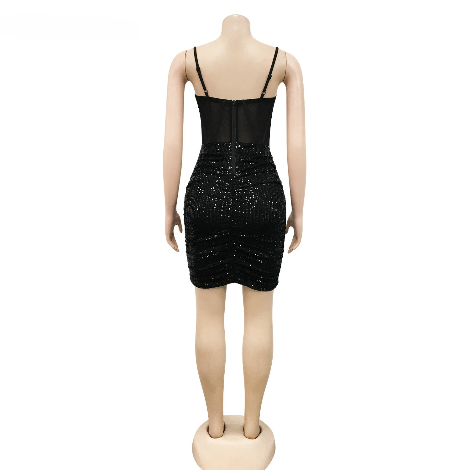 Women Mini Dress Solid Mesh Sequins Strap Bodycon Dresses Sexy Night Club Party Vestidos Stylish Outfits Summer 2021