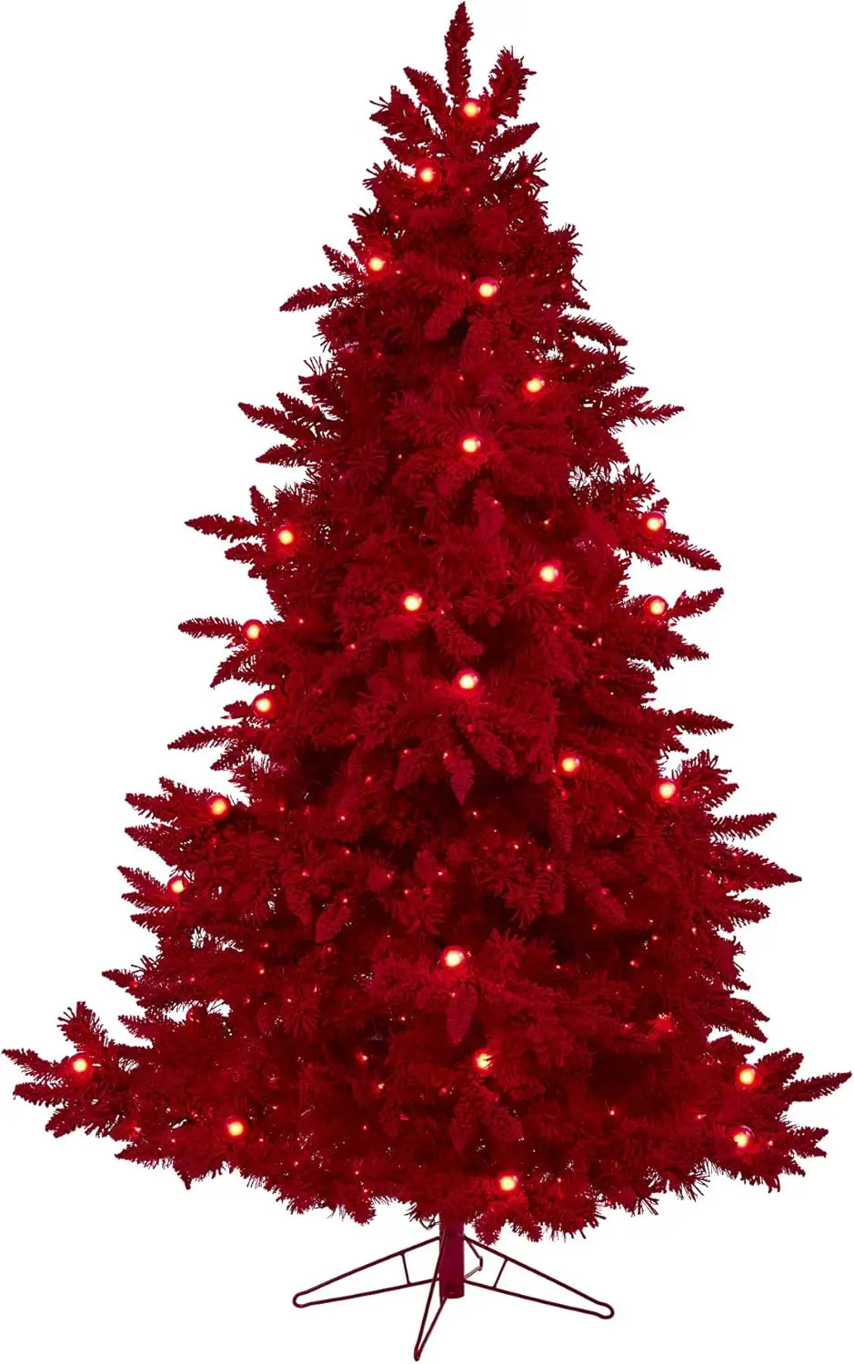 7Ft. Red Flocked Fraser Fir Artificial Christmas Tree With 500 Red Lights, 40 Globe Bulbs And 1039 Bendable Branches