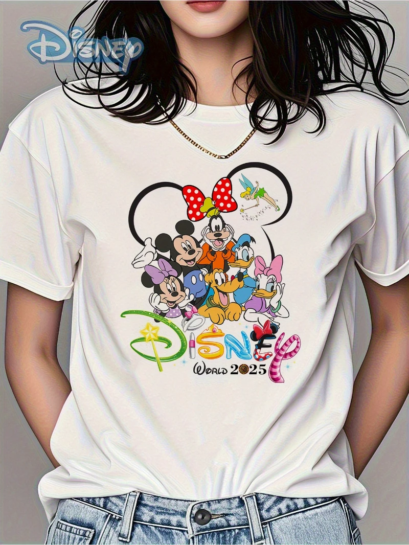 

Disney Women's Mickey and Friends 2025 Summer Pattern T-shirt Cotton Loose Short Sleeve Round Neck Casual Top