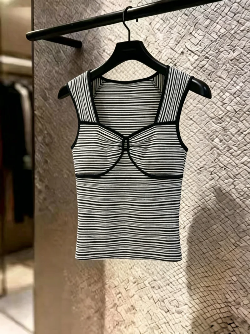 

Summer New Style Women's Self-kept Design Stripe Hollow Sleeveless Strap Vest Sweet And Spicy Outerwear Top Korean Version