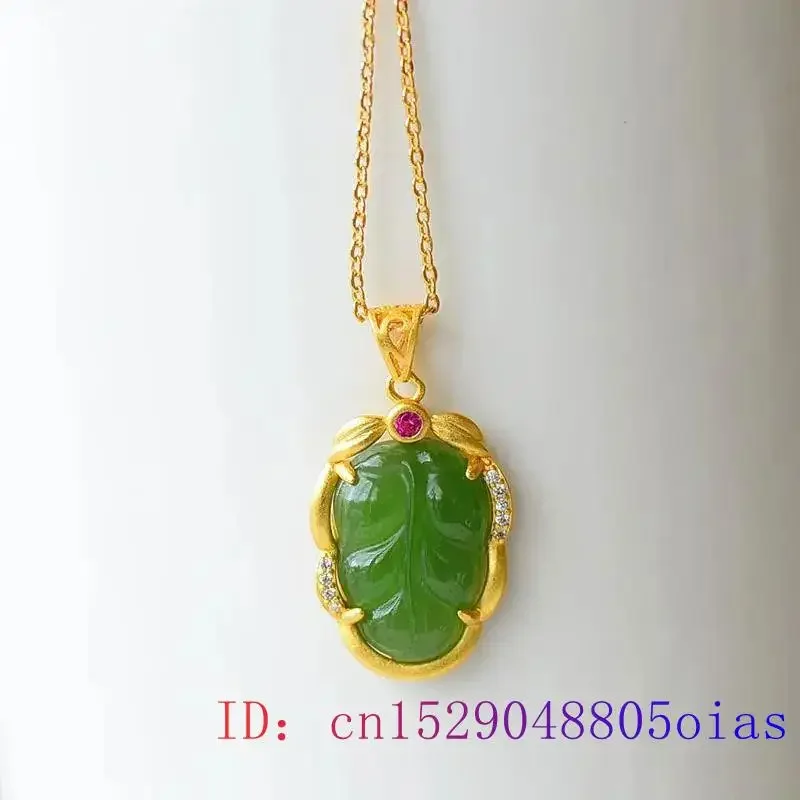 

Green Jade Leaf Pendant Crystal Charm Chinese Fashion Gifts Gemstone Zircon Necklace Women Chalcedony 925 Silver Amulet Natural