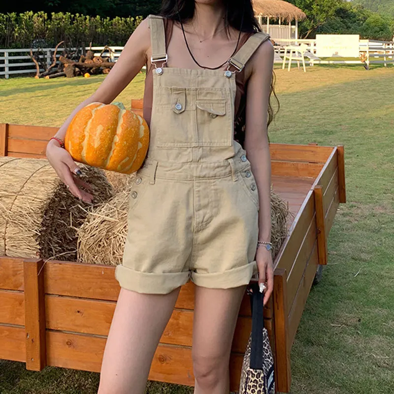 2024 Summer New Khaki Denim Jumpsuits For Women Fashion One Pieces Multi Pocket Cargo Suspenders Shorts Casual Female Clothing