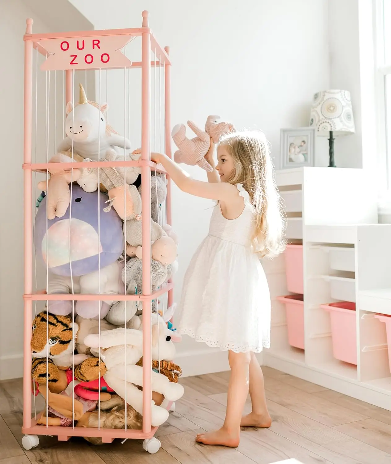 

Pink Wood Stuffed Animal Zoo Storage Organizer, 54-inch Vertical Toy Holder for Nursery Playroom Bedroom