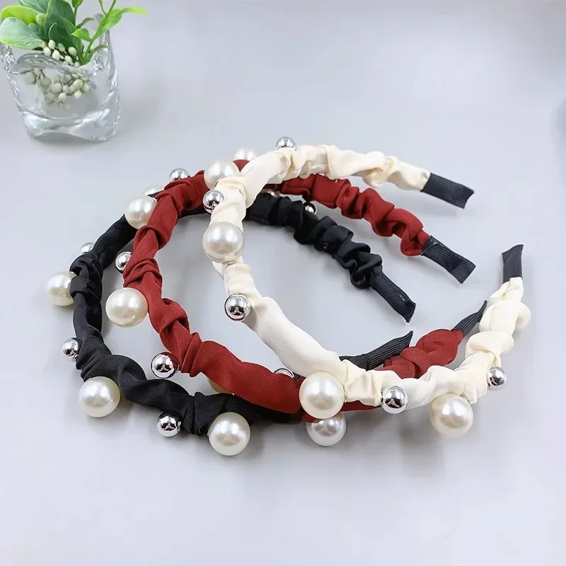 한국 우아한 트위드 스타일 진주 헤어밴드 실버 진주 헤드밴드 하이탑 헤어 우아한 프레스드 헤어 액세서리