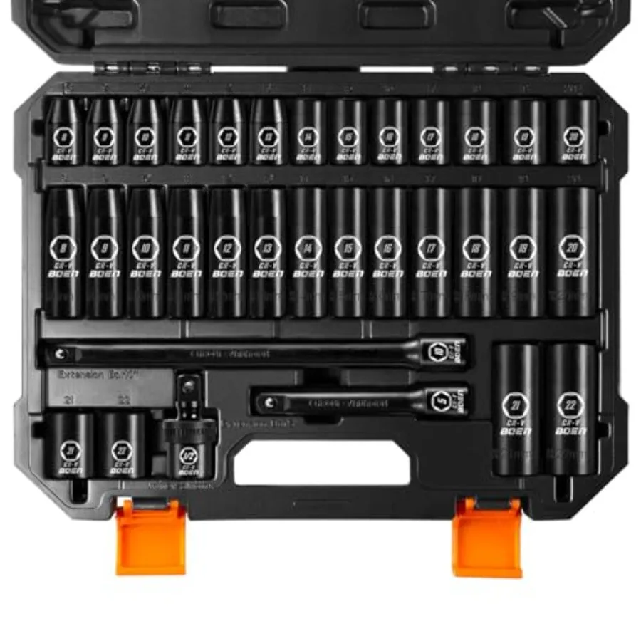 

1/2" Drive Impact Socket Set 33 Pcs Deep and Shallow Metric Socket Set 8mm to 22mm Includes 5" 10" Extension Bars Universal Joi