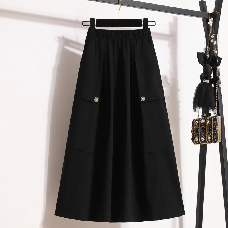 Saia com elástico de cintura alta feminina, monocromática, casual, elegante, vintage, temperamento, moda, estilo coreano, novo, verão