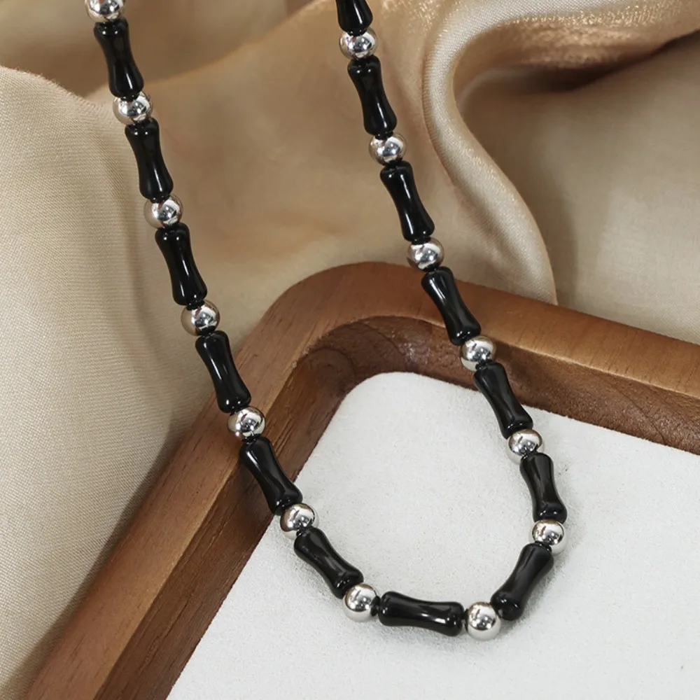 

Women's Necklace Geometric Bone Shape Natural Stone Black Agate Stone Stainless Steel Fashionable Jewelry Accessories