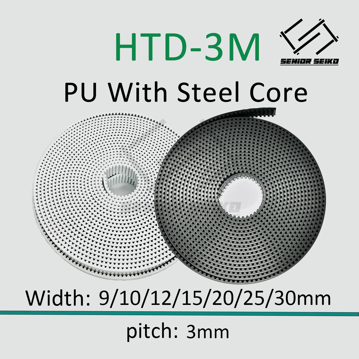 HTD 3M White/Black Open Timing Belt Width 9/10/12/15/20/25/30mm Polyurethane Steel PU 3M HTD3M Synchronous Belt