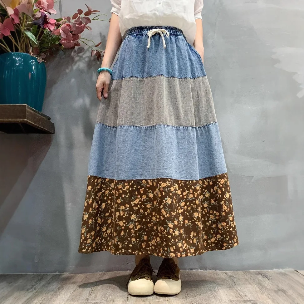 Japanese Vintage Mori Girl Floral Print Denim Patchwork Cotton Skirts Women Summer Elastic Waist Casual Loose A-Line Skirts