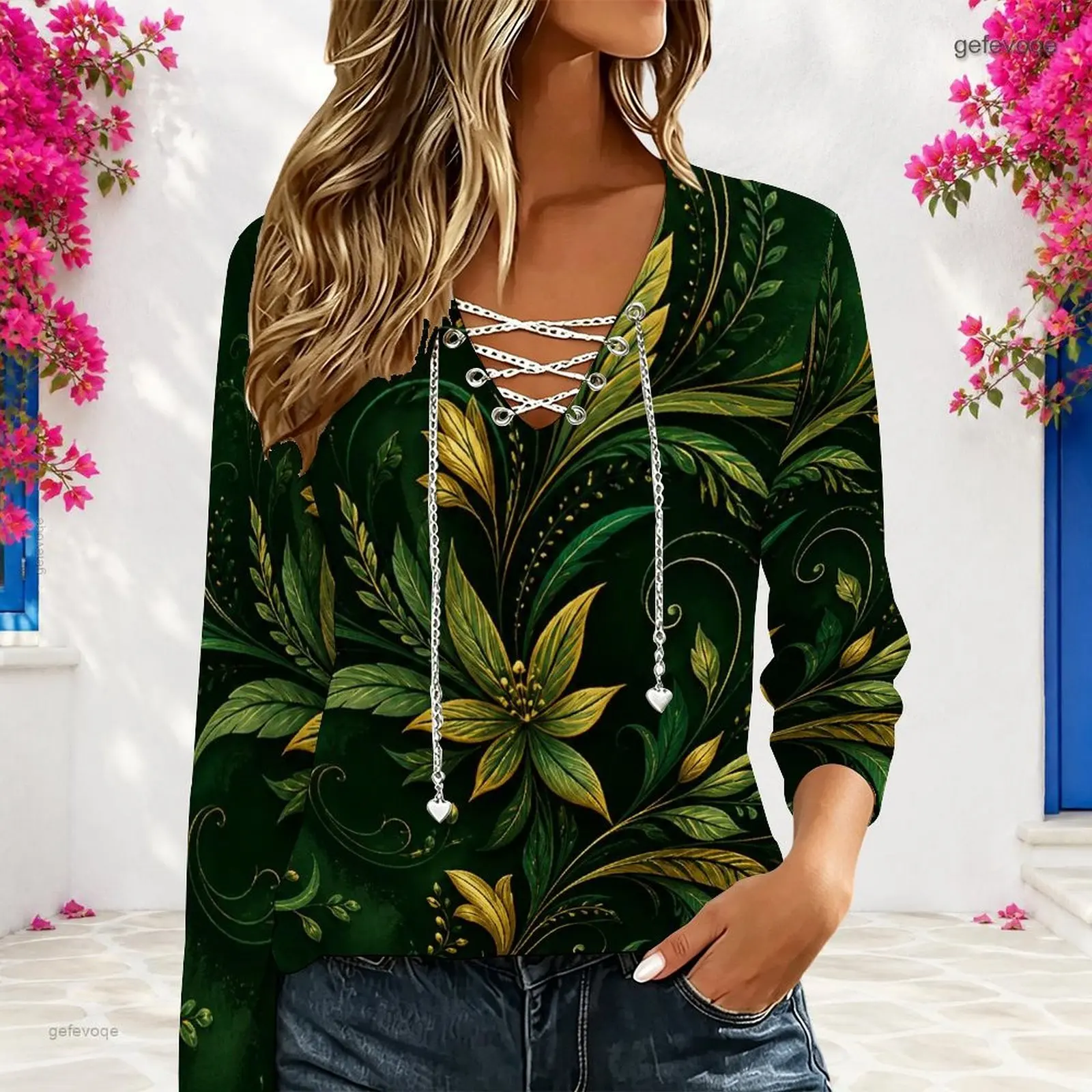 Women Dark Green Gold Floral Green Leaf Printed V Neck Lace Up Long Sleeve Top