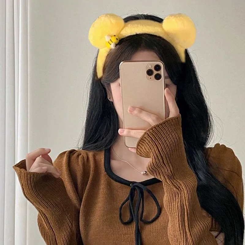 Niedliches Bienen-Bärenohren-Plüsch-Haarband für Frauen und Mädchen, Gesichtswasch-Haarband, Liebliche Tier-Stirnbänder, Cosplay-Haarreifen, Modische Haaraccessoires – Detail 9