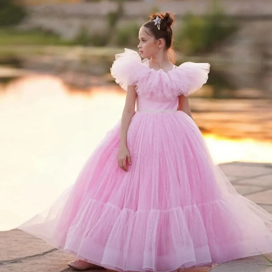 

Elegent Ball Gown Custom Flower Girl Dresses For Wedding Off the Shoulder Straps Neck Puffy Girls Birthday Dress Child 1-14T